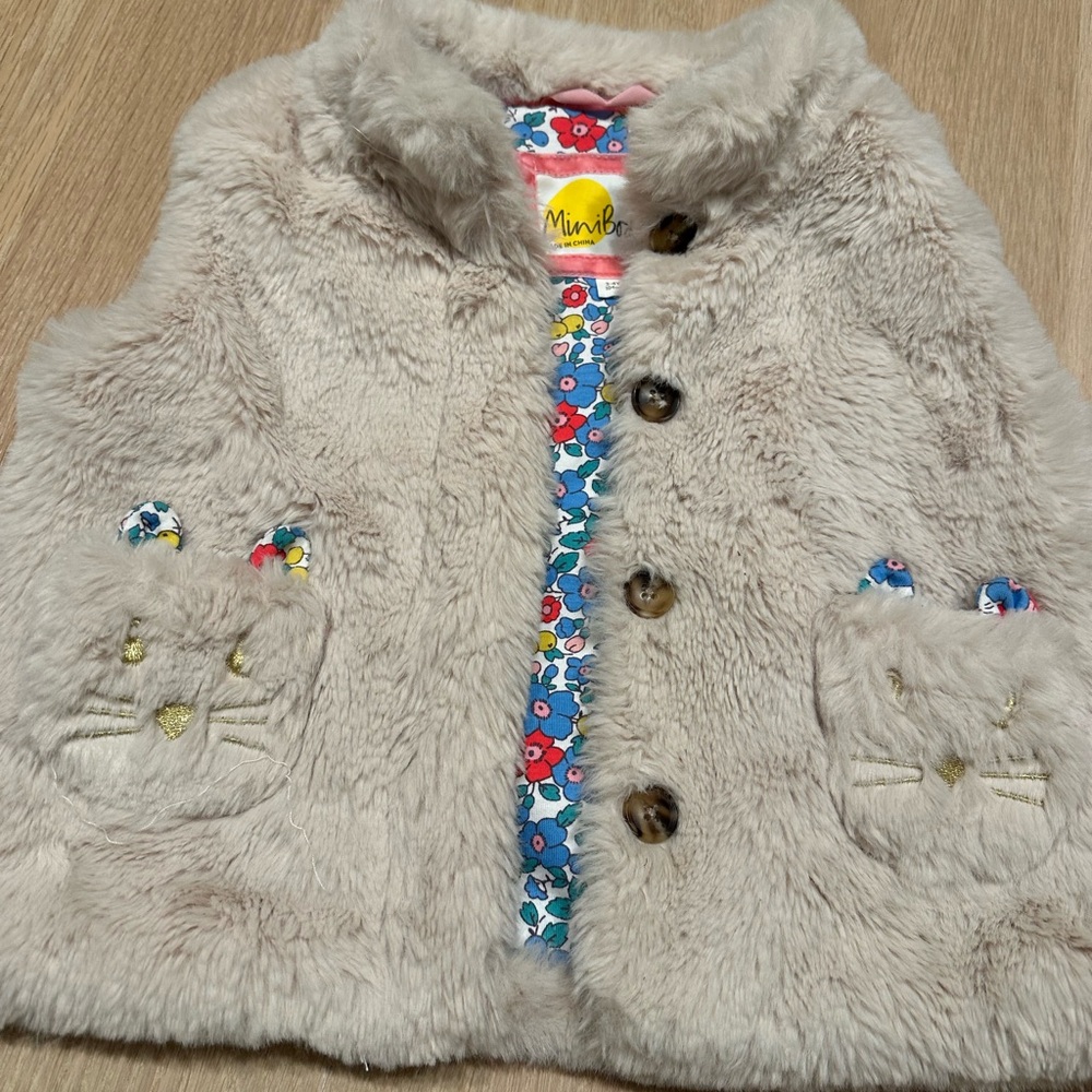 Mini Boden Cream Faux Fur Vest with Floral Lining